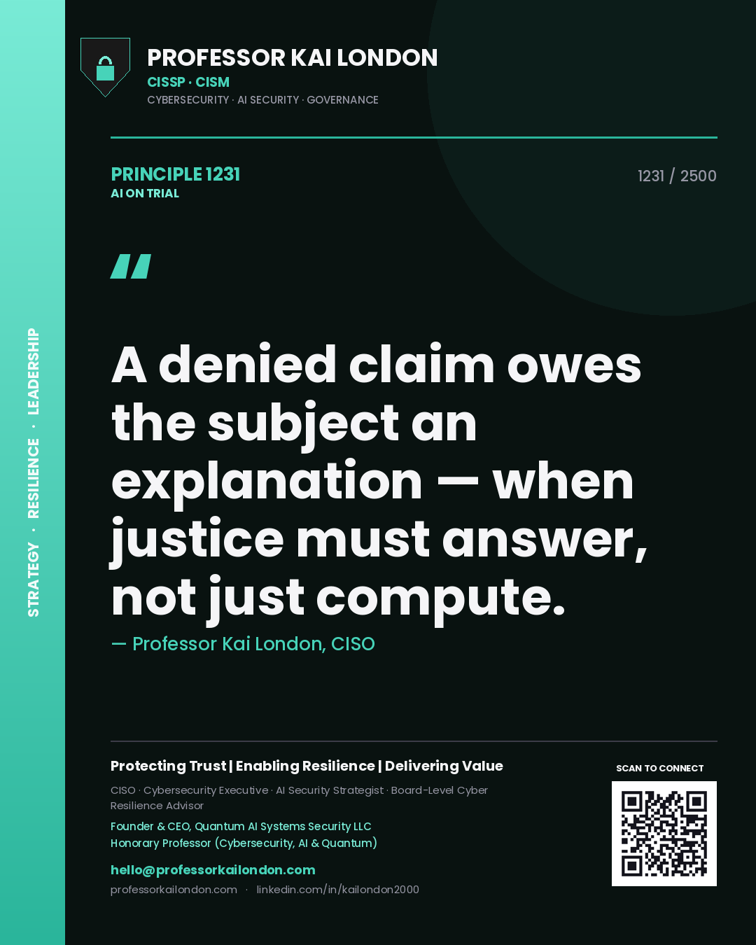 Quote card by Professor Kai London reading 'A denied claim owes the subject an explanation — when justice must answer, not just compute.'. From the book AI on Trial.