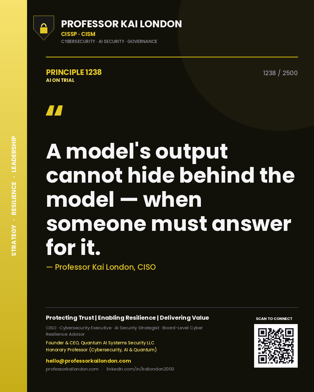 Professor Kai London principle 1238: A model's output cannot hide behind the model — when someone must answer for it.