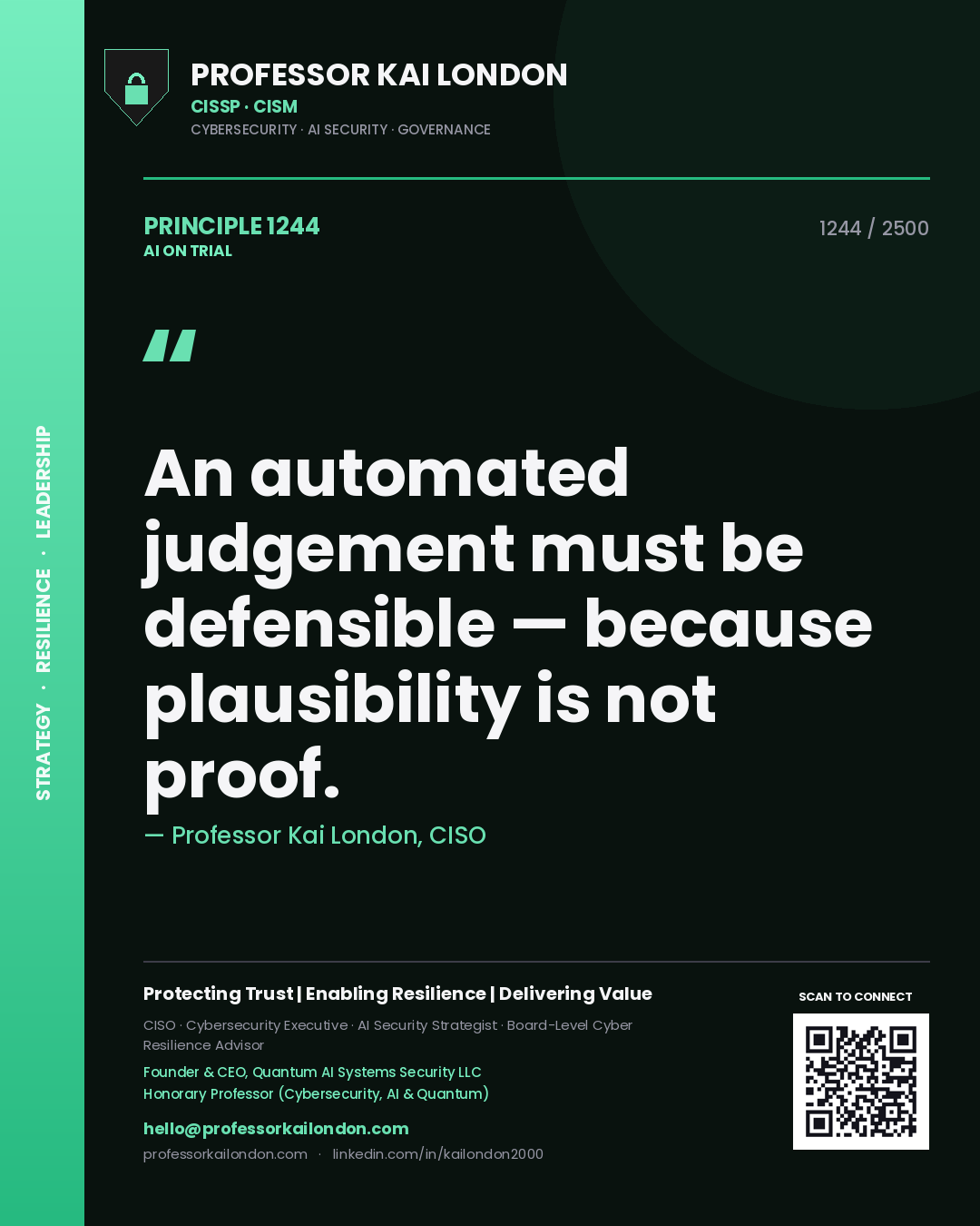 Professor Kai London principle 1244: An automated judgement must be defensible — because plausibility is not proof.
