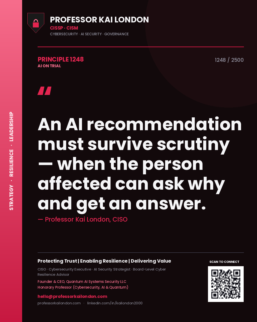 Professor Kai London principle 1248: An AI recommendation must survive scrutiny — when the person affected can ask why and get an answer.