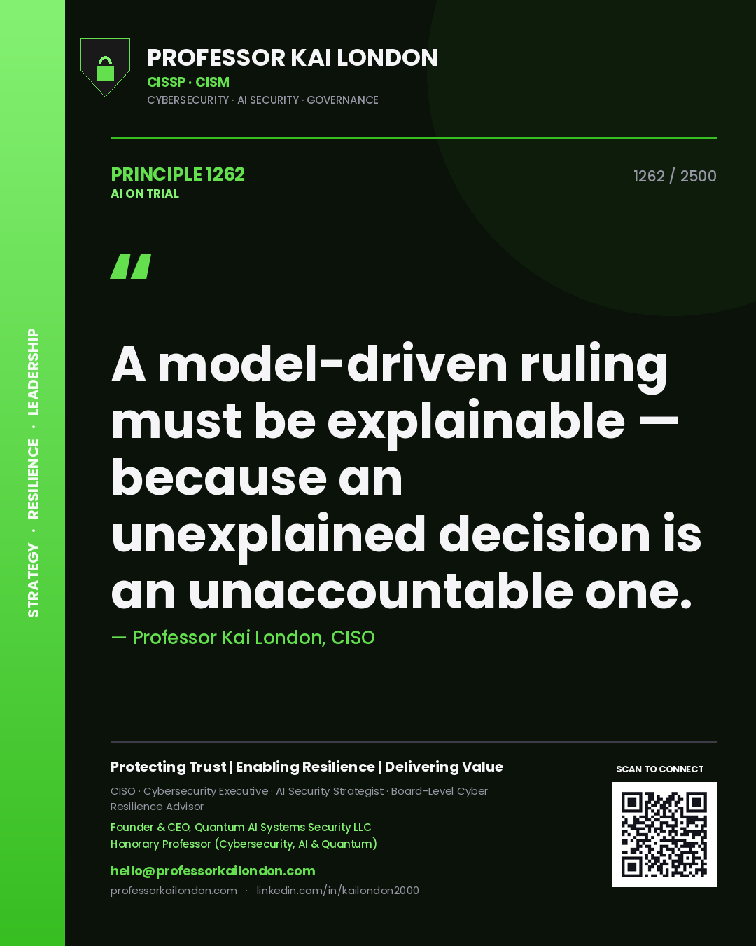 Professor Kai London principle 1262: A model-driven ruling must be explainable — because an unexplained decision is an unaccountable one.