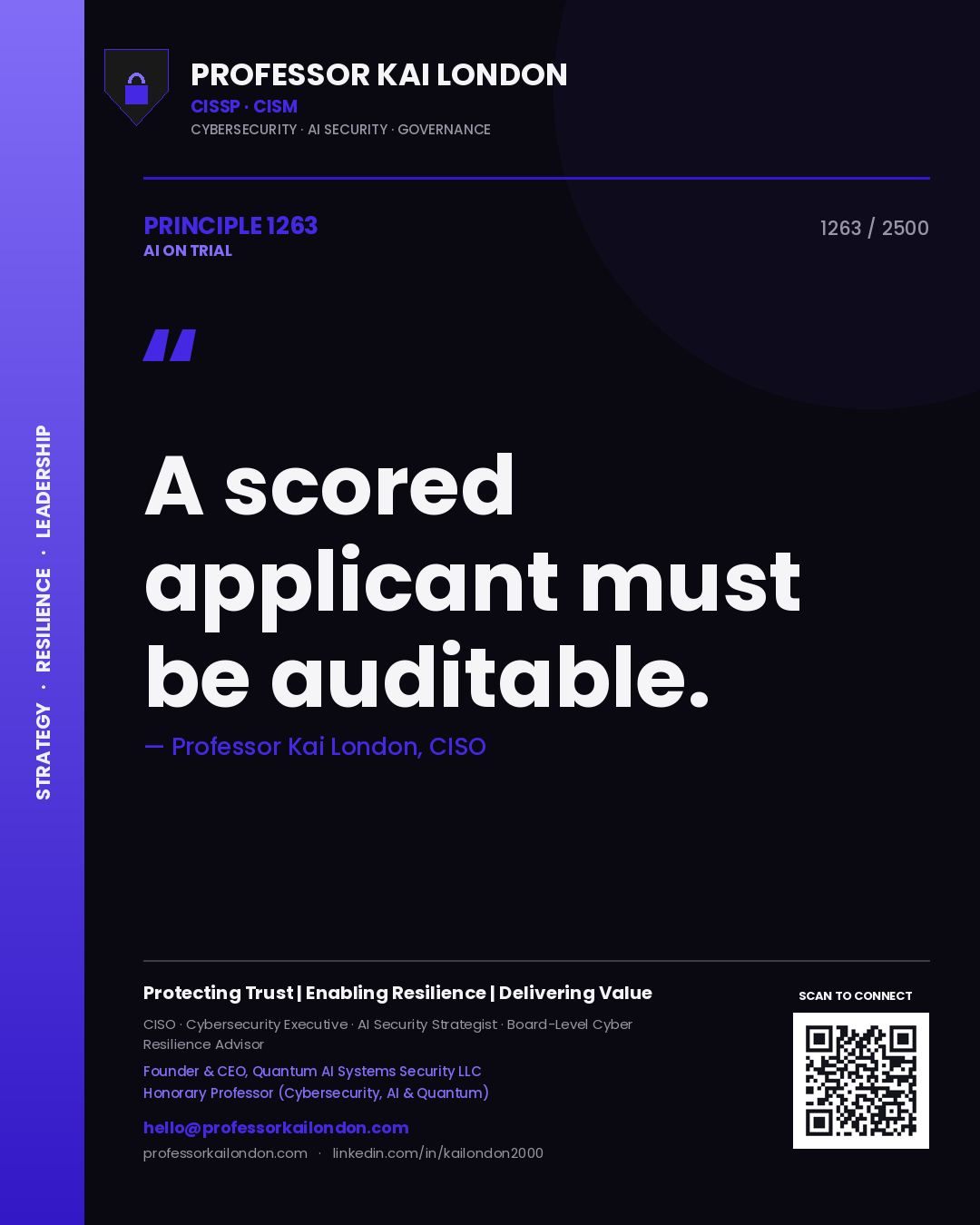 Quote card by Professor Kai London reading 'A scored applicant must be auditable.'. From the book AI on Trial.