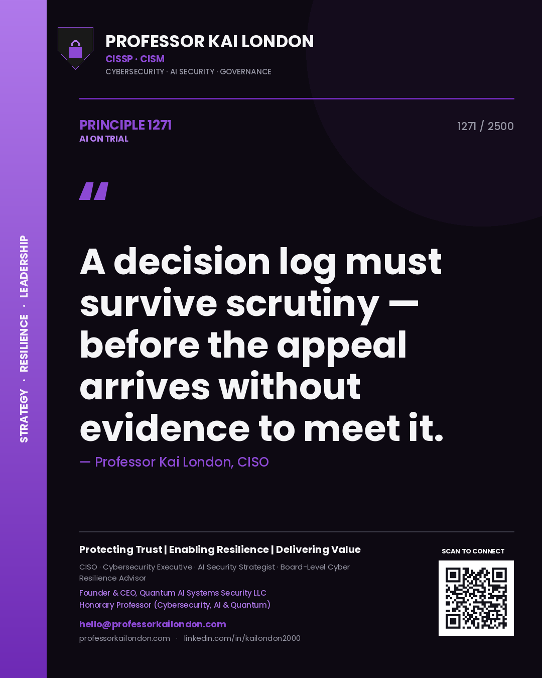 Professor Kai London principle 1271: A decision log must survive scrutiny — before the appeal arrives without evidence to meet it.
