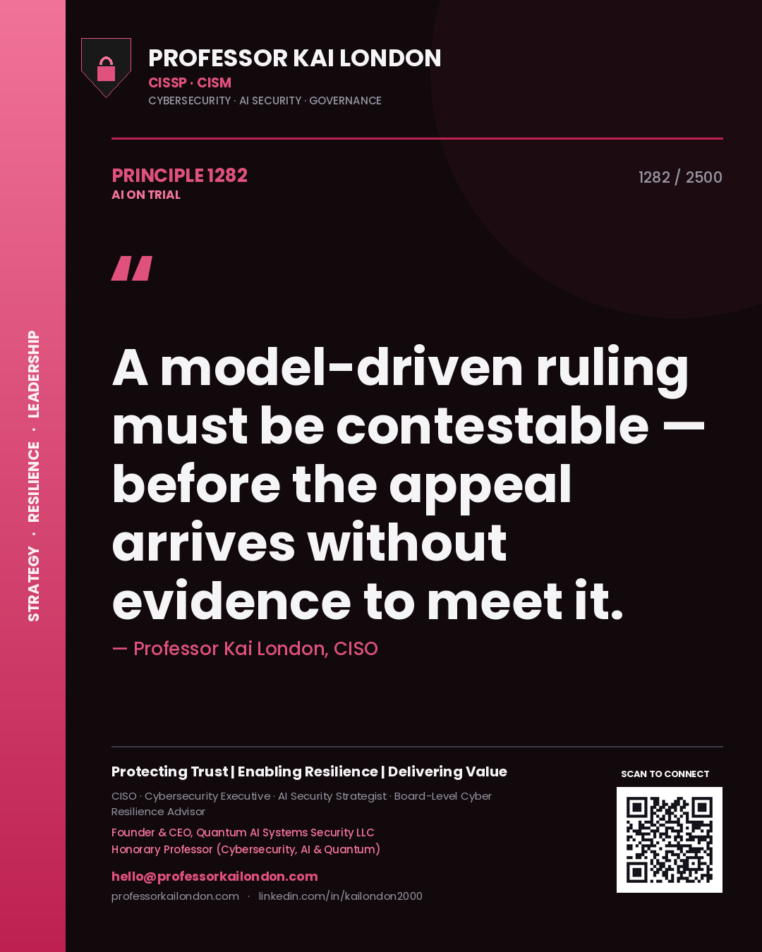 Quote card by Professor Kai London reading 'A model-driven ruling must be contestable — before the appeal arrives without evidence to meet it.'. From the book AI on Trial.
