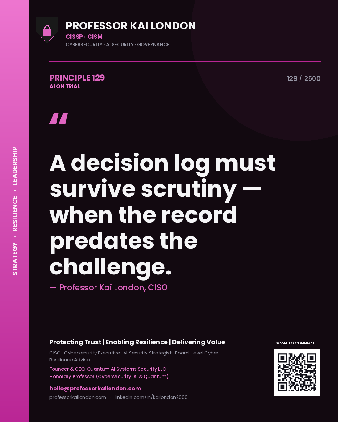 Professor Kai London principle 129: A decision log must survive scrutiny — when the record predates the challenge.