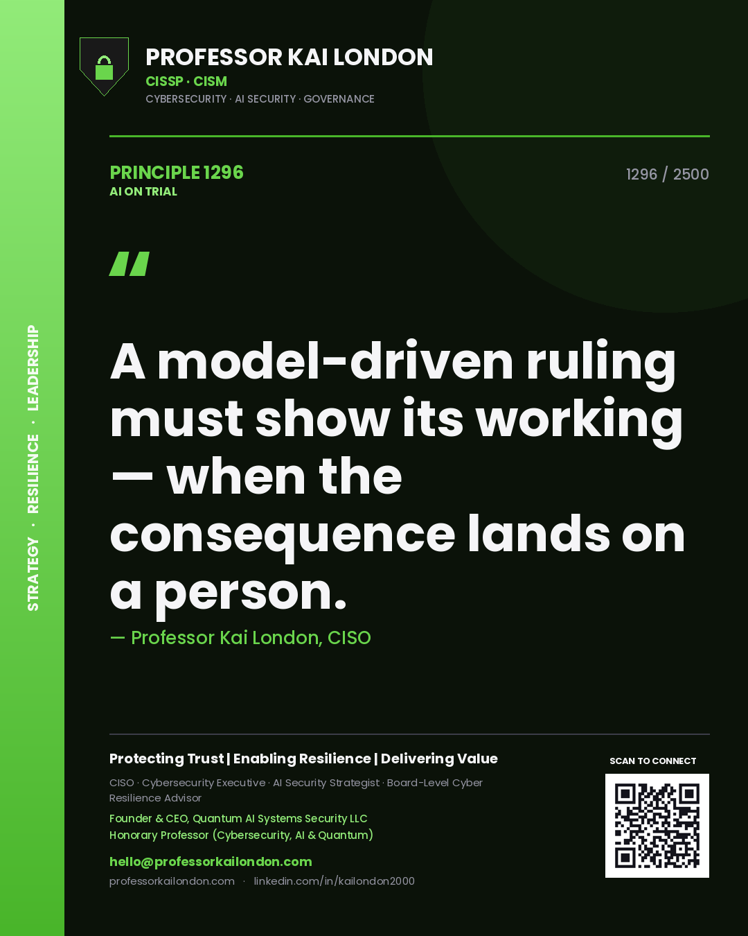 Quote card by Professor Kai London reading 'A model-driven ruling must show its working — when the consequence lands on a person.'. From the book AI on Trial.