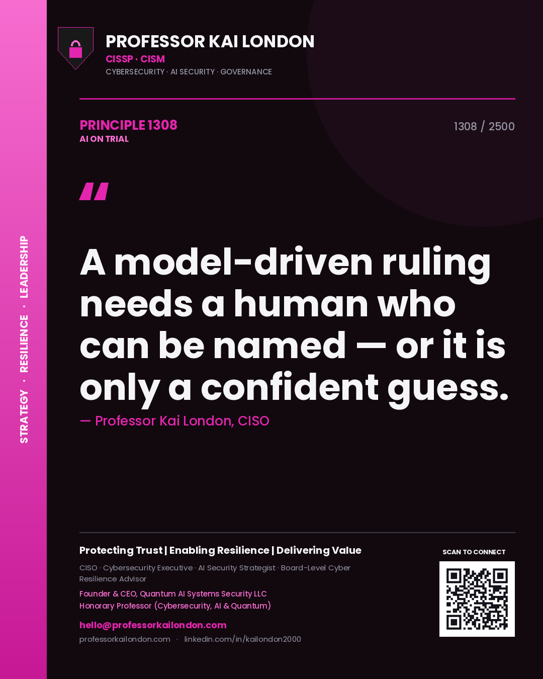 Quote card by Professor Kai London reading 'A model-driven ruling needs a human who can be named — or it is only a confident guess.'. From the book AI on Trial.