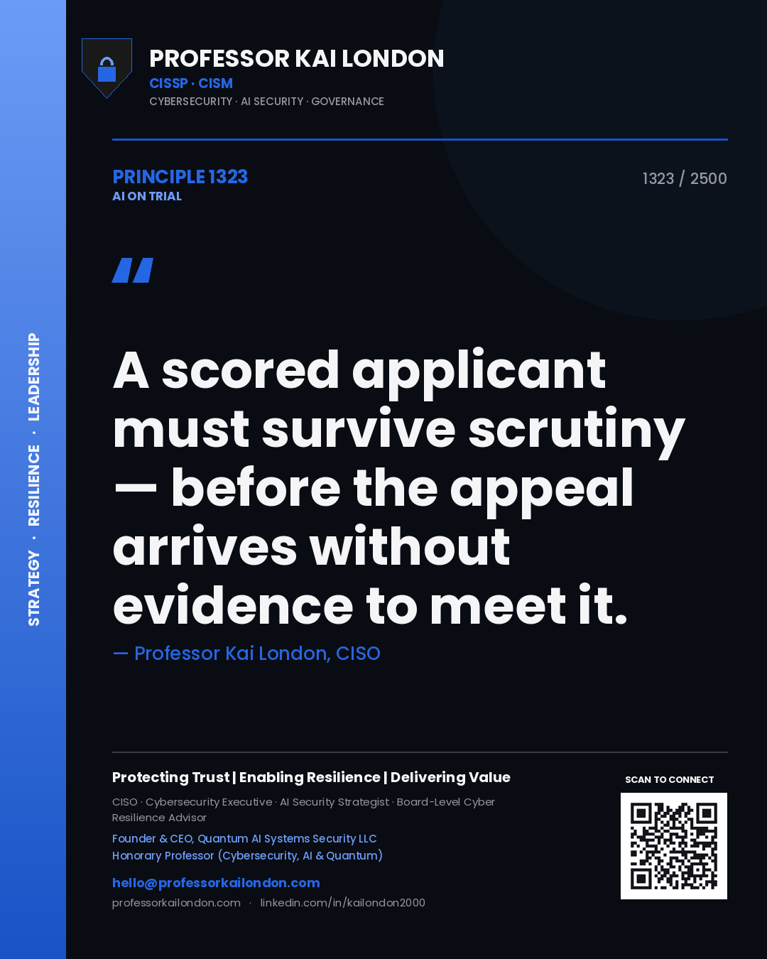 Quote card by Professor Kai London reading 'A scored applicant must survive scrutiny — before the appeal arrives without evidence to meet it.'. From the book AI on Trial.