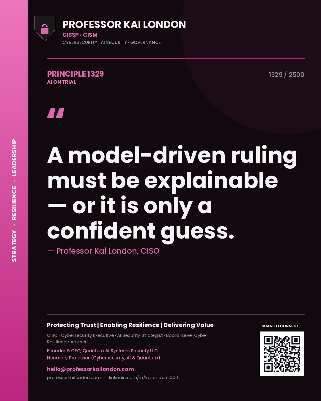 Quote card by Professor Kai London reading 'A model-driven ruling must be explainable — or it is only a confident guess.'. From the book AI on Trial.