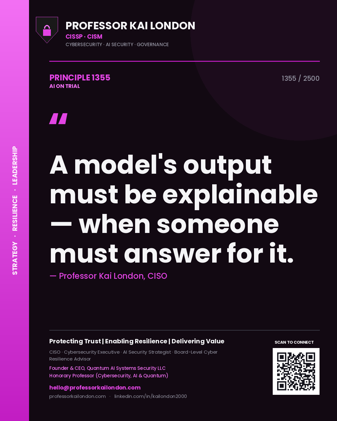 Professor Kai London principle 1355: A model's output must be explainable — when someone must answer for it.