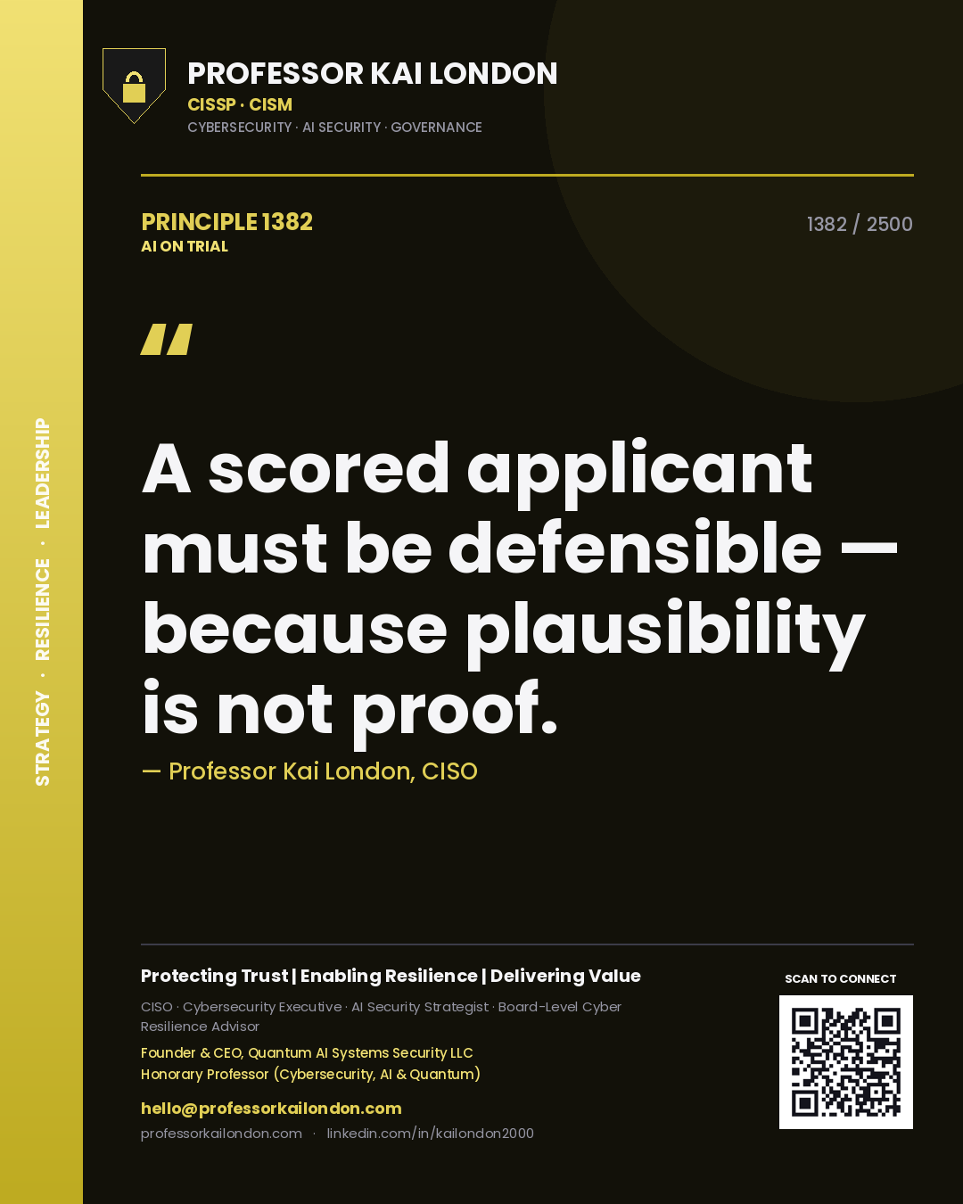 Quote card by Professor Kai London reading 'A scored applicant must be defensible — because plausibility is not proof.'. From the book AI on Trial.