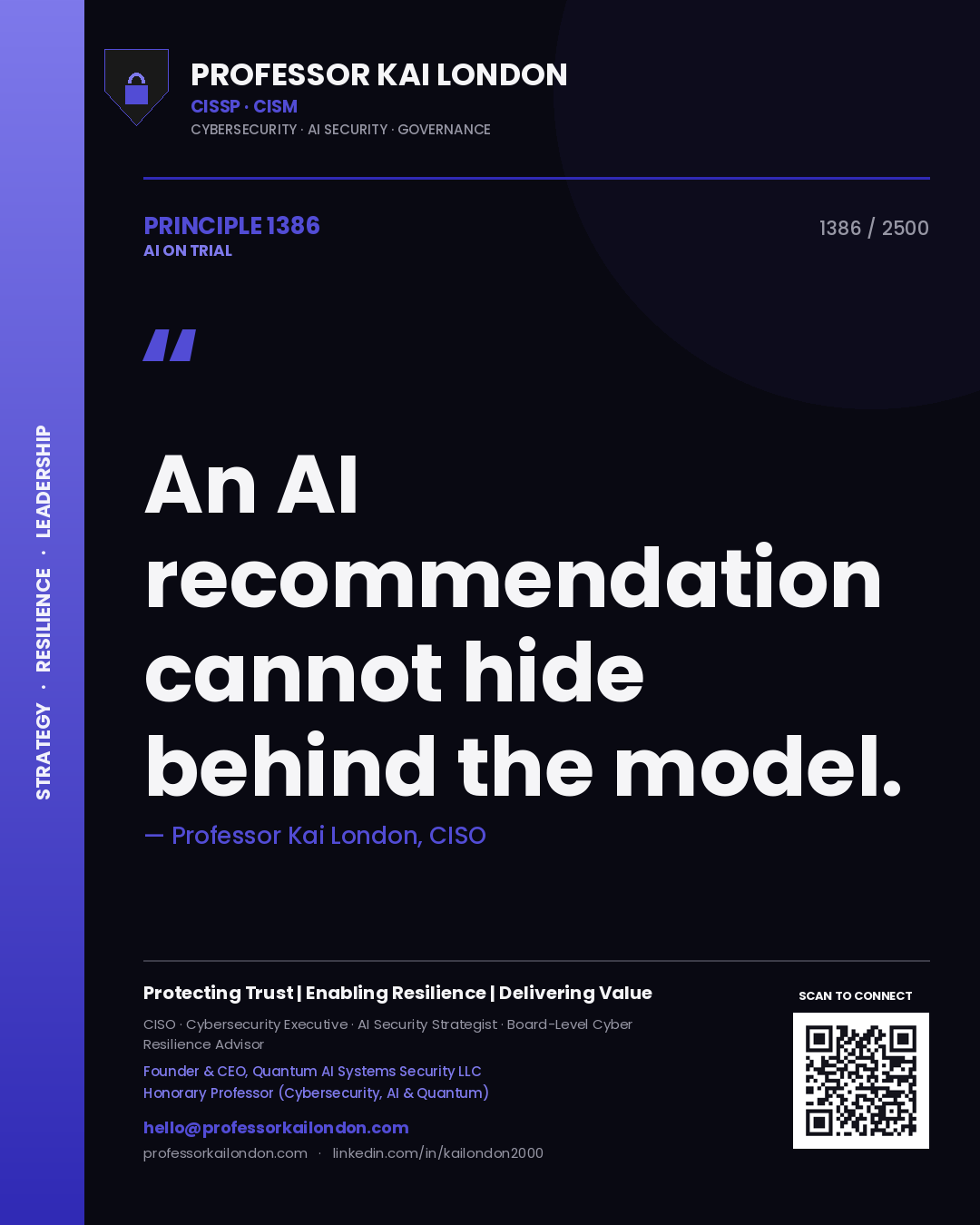 Quote card by Professor Kai London reading 'An AI recommendation cannot hide behind the model.'. From the book AI on Trial.