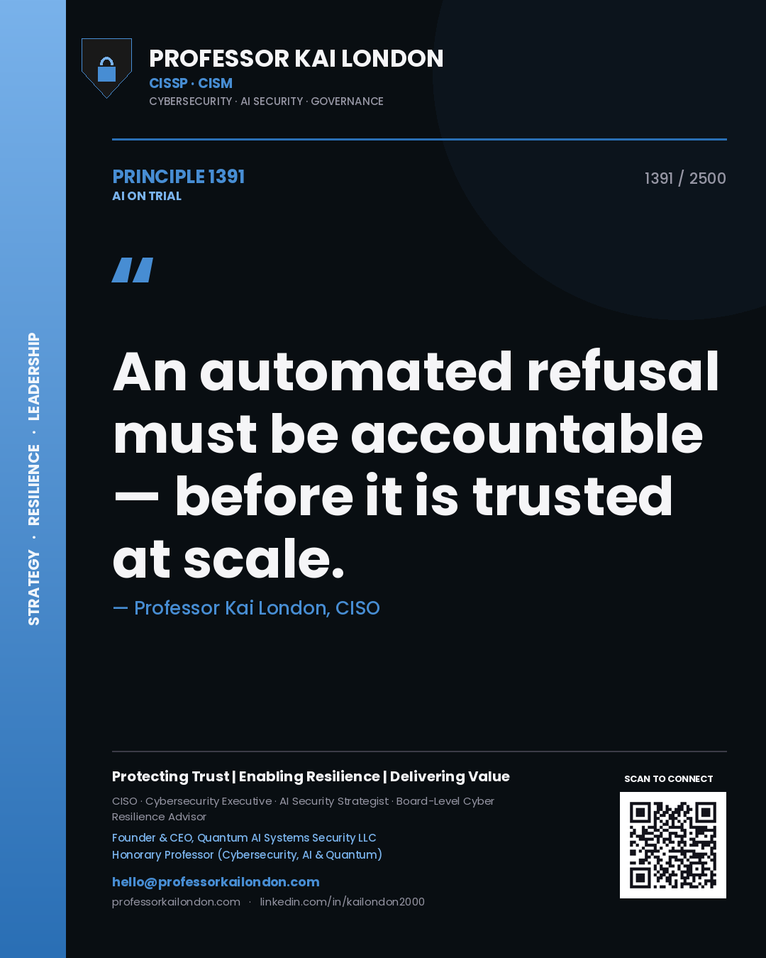 Quote card by Professor Kai London reading 'An automated refusal must be accountable — before it is trusted at scale.'. From the book AI on Trial.