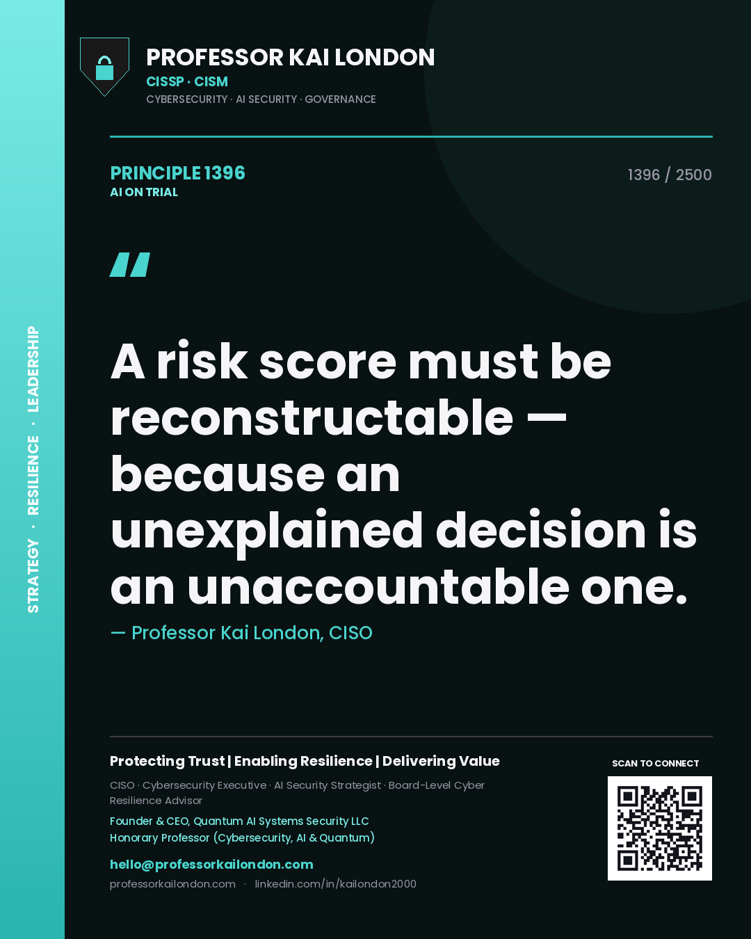 Quote card by Professor Kai London reading 'A risk score must be reconstructable — because an unexplained decision is an unaccountable one.'. From the book AI on Trial.