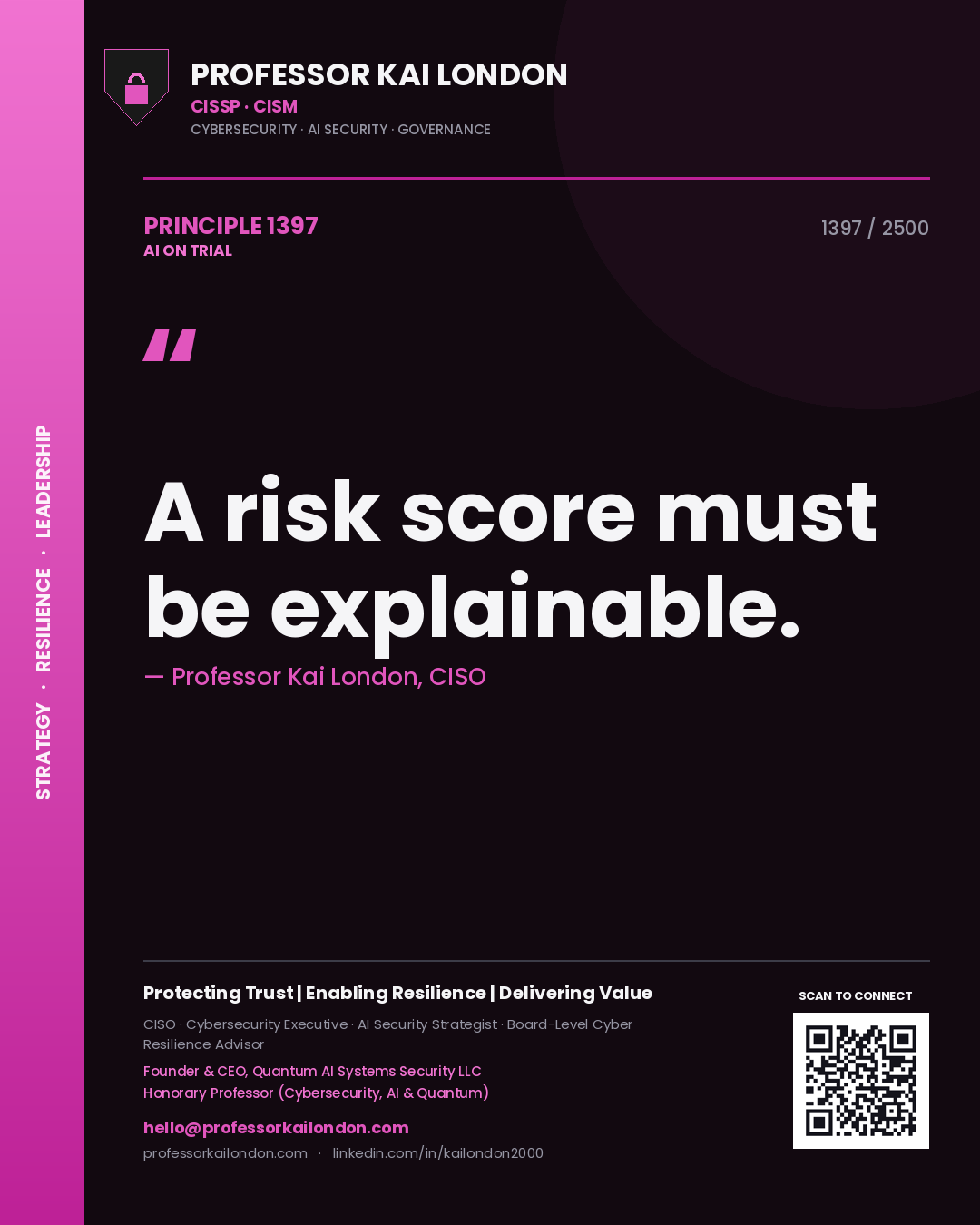 Quote card by Professor Kai London reading 'A risk score must be explainable.'. From the book AI on Trial.