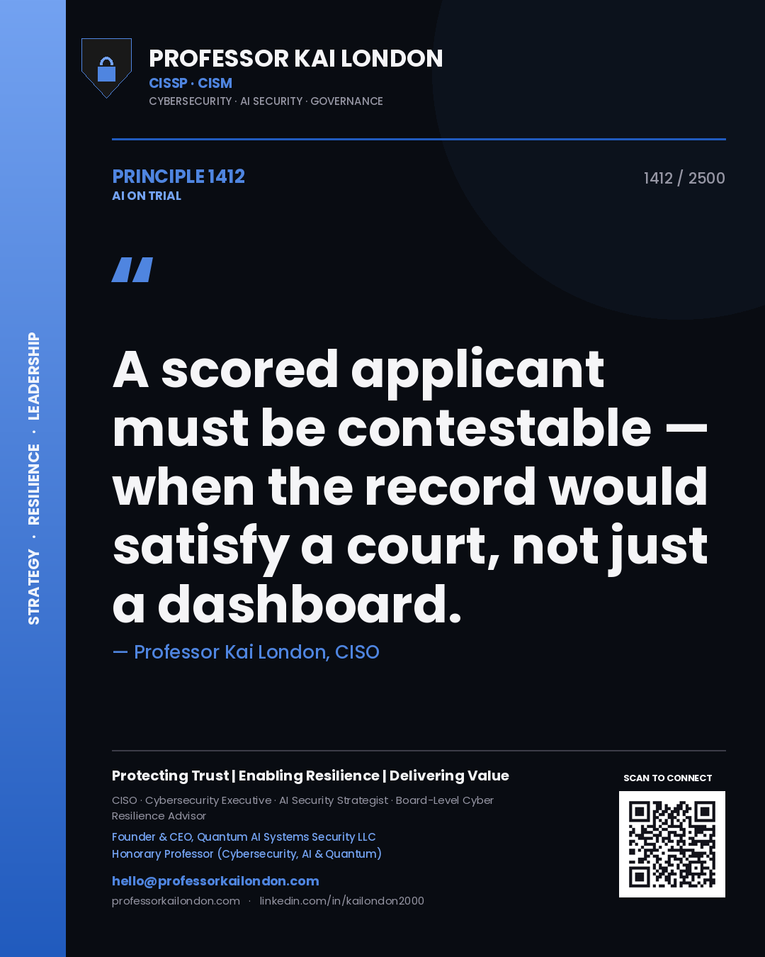 Quote card by Professor Kai London reading 'A scored applicant must be contestable — when the record would satisfy a court, not just a dashboard.'. From the book AI on Trial.