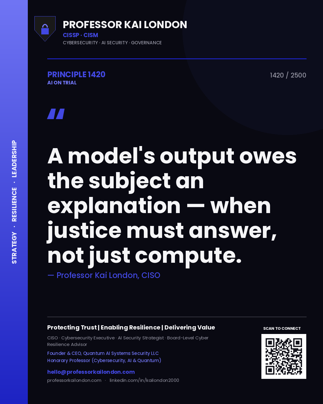 Quote card by Professor Kai London reading 'A model's output owes the subject an explanation — when justice must answer, not just compute.'. From the book AI on Trial.