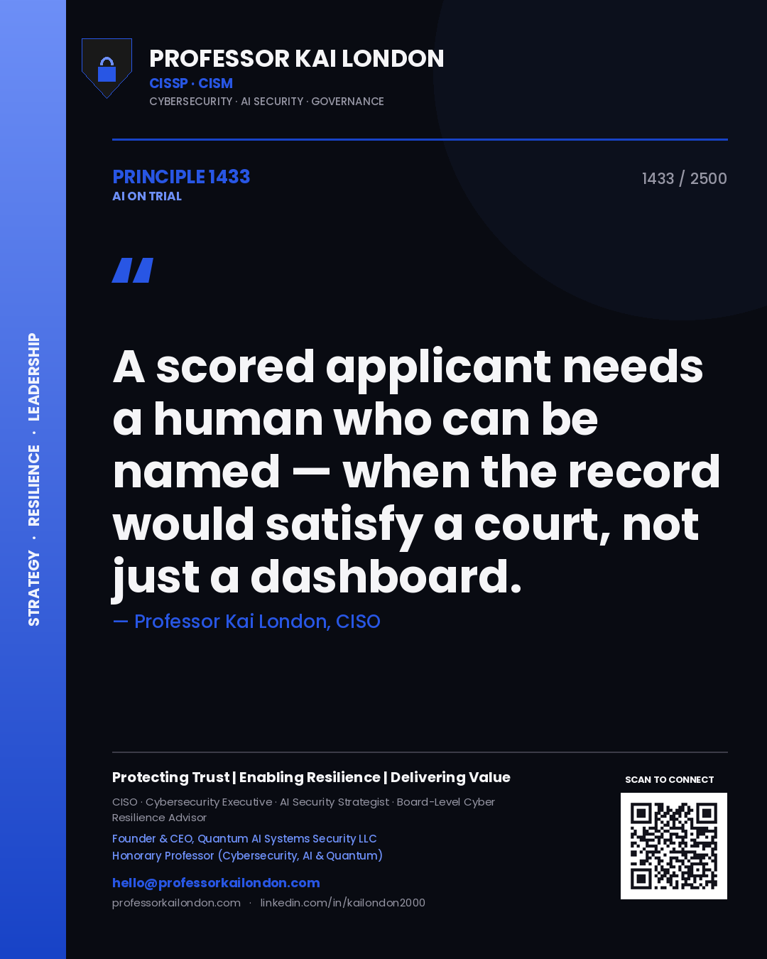 Quote card by Professor Kai London reading 'A scored applicant needs a human who can be named — when the record would satisfy a court, not just a dashboard.'. From the book AI on Trial.