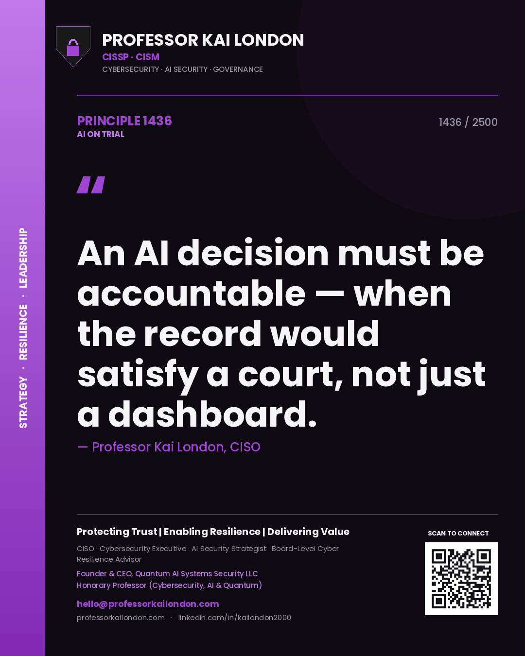 Quote card by Professor Kai London reading 'An AI decision must be accountable — when the record would satisfy a court, not just a dashboard.'. From the book AI on Trial.