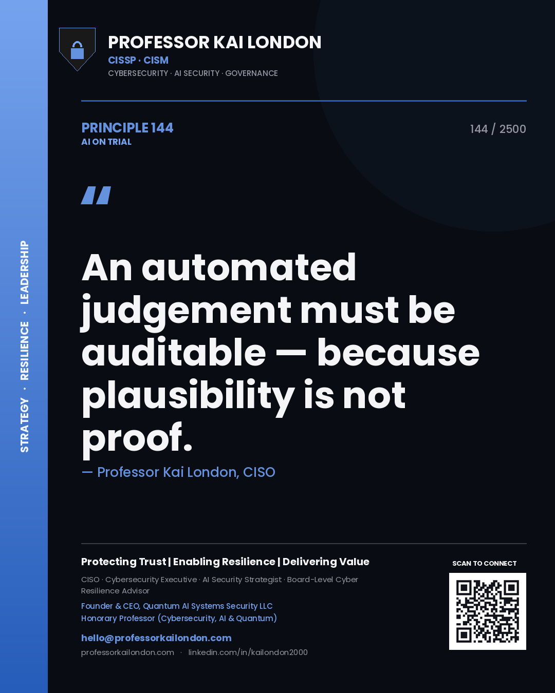 Professor Kai London principle 144: An automated judgement must be auditable — because plausibility is not proof.