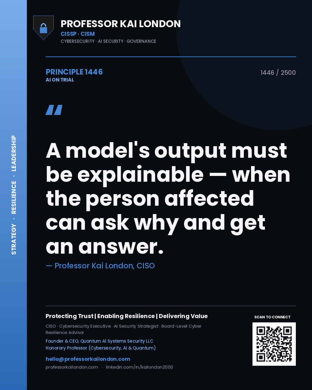 Quote card by Professor Kai London reading 'A model's output must be explainable — when the person affected can ask why and get an answer.'. From the book AI on Trial.