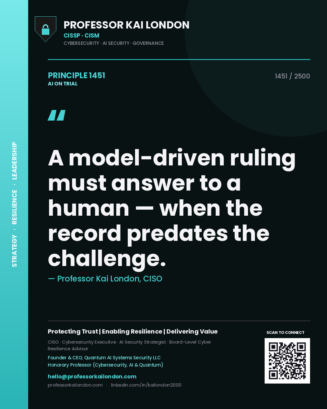 Quote card by Professor Kai London reading 'A model-driven ruling must answer to a human — when the record predates the challenge.'. From the book AI on Trial.