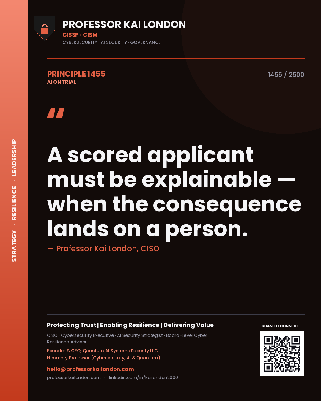 Quote card by Professor Kai London reading 'A scored applicant must be explainable — when the consequence lands on a person.'. From the book AI on Trial.