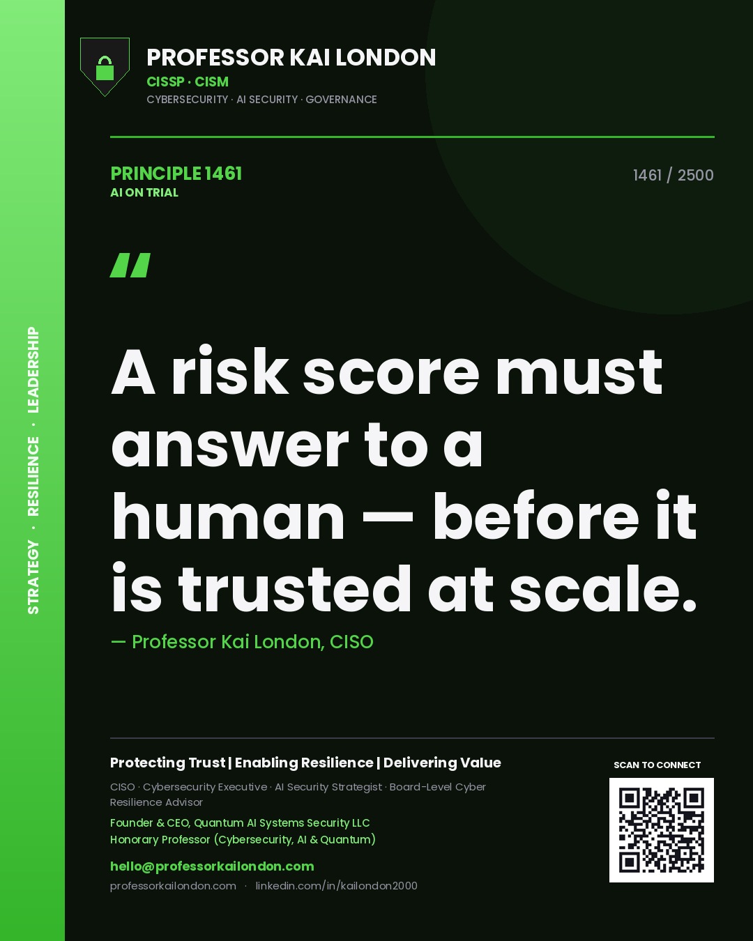 Quote card by Professor Kai London reading 'A risk score must answer to a human — before it is trusted at scale.'. From the book AI on Trial.