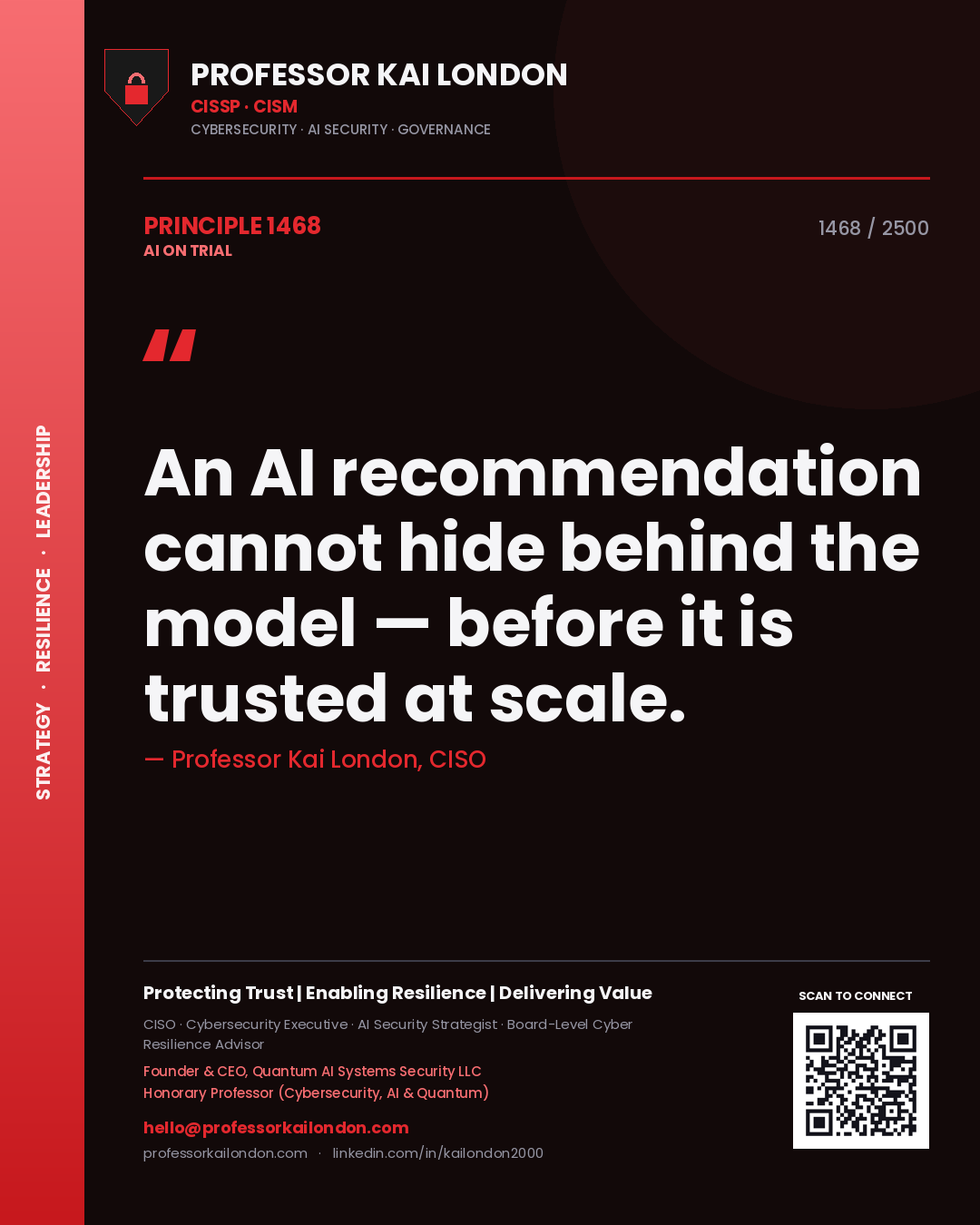 Quote card by Professor Kai London reading 'An AI recommendation cannot hide behind the model — before it is trusted at scale.'. From the book AI on Trial.