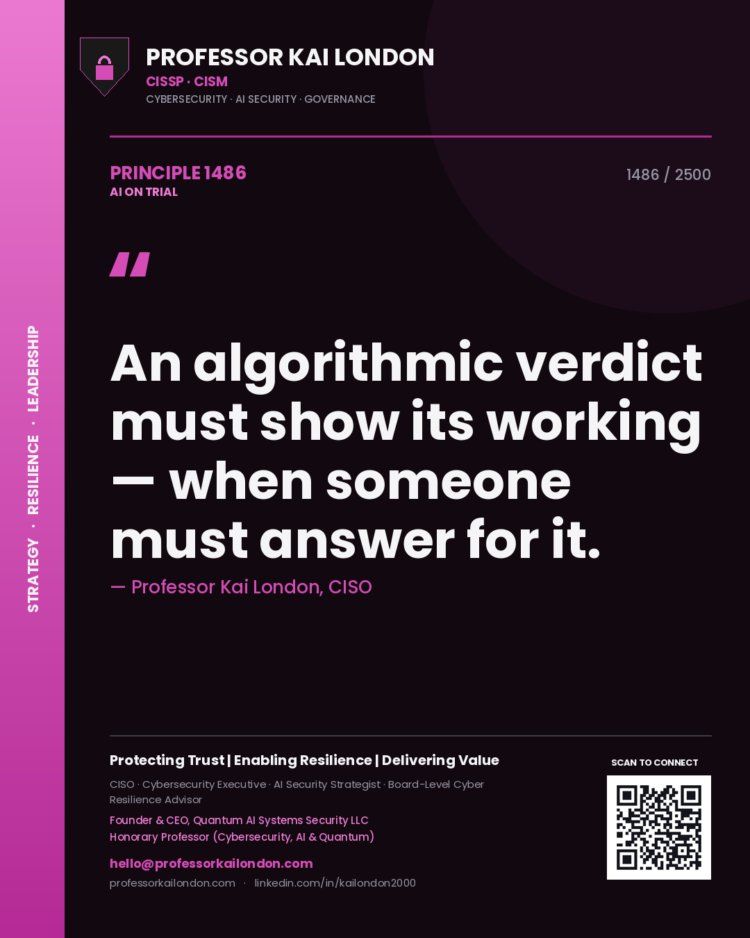 Quote card by Professor Kai London reading 'An algorithmic verdict must show its working — when someone must answer for it.'. From the book AI on Trial.