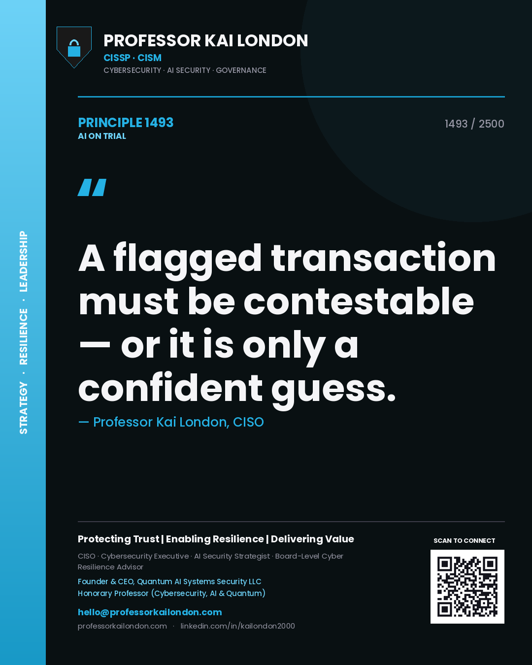 Quote card by Professor Kai London reading 'A flagged transaction must be contestable — or it is only a confident guess.'. From the book AI on Trial.
