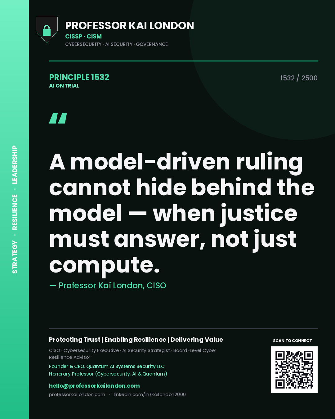 Quote card by Professor Kai London reading 'A model-driven ruling cannot hide behind the model — when justice must answer, not just compute.'. From the book AI on Trial.