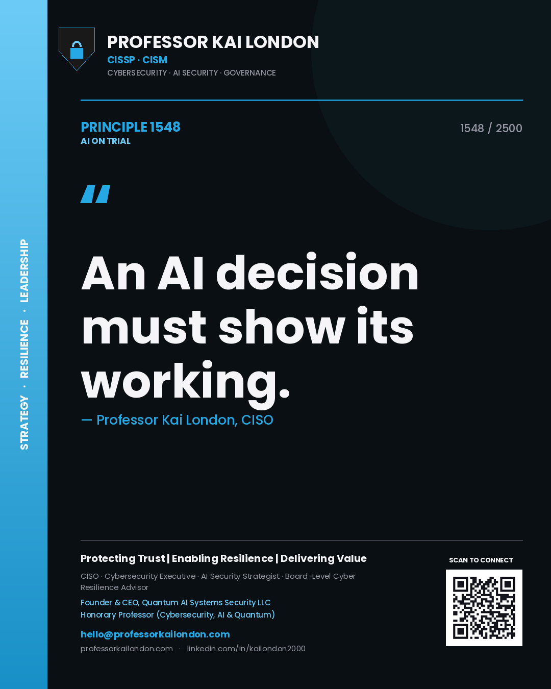 Quote card by Professor Kai London reading 'An AI decision must show its working.'. From the book AI on Trial.