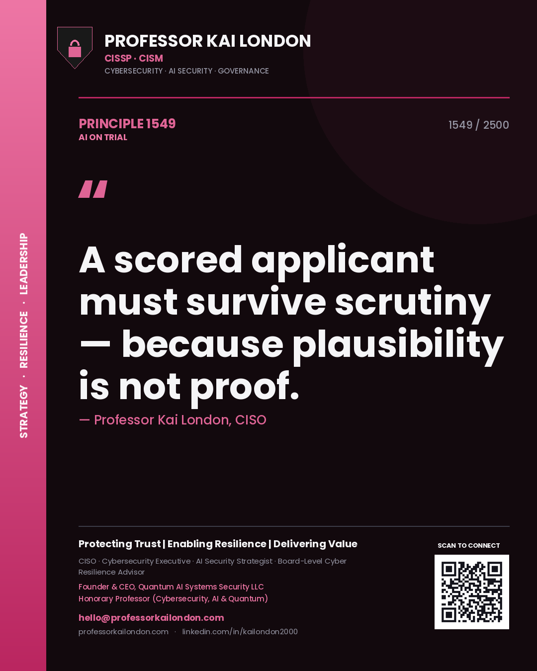 Professor Kai London principle 1549: A scored applicant must survive scrutiny — because plausibility is not proof.