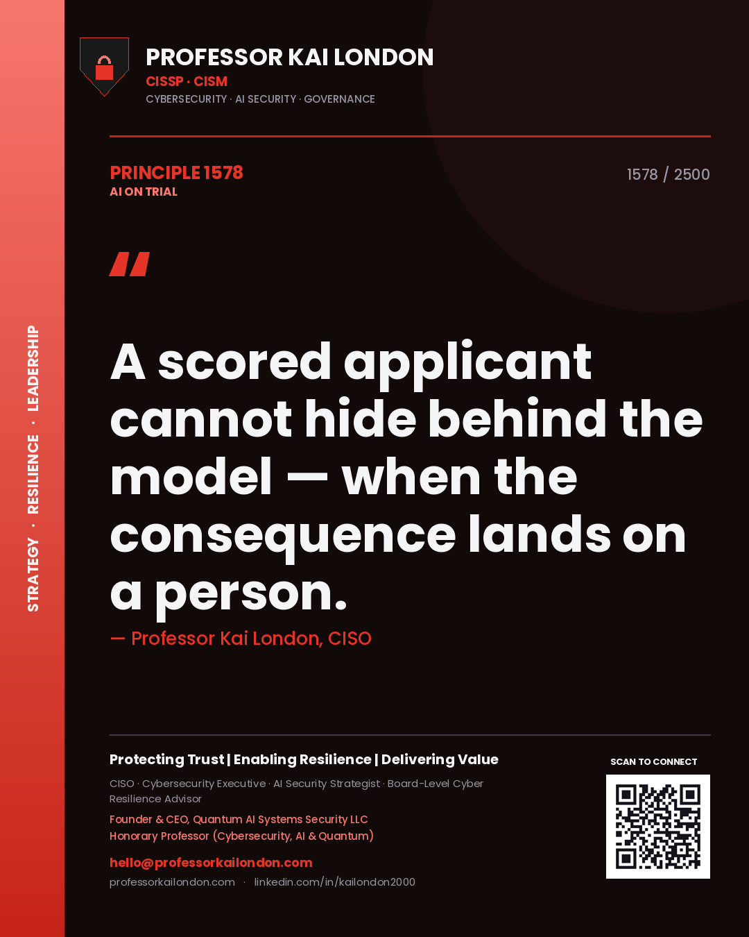 Quote card by Professor Kai London reading 'A scored applicant cannot hide behind the model — when the consequence lands on a person.'. From the book AI on Trial.
