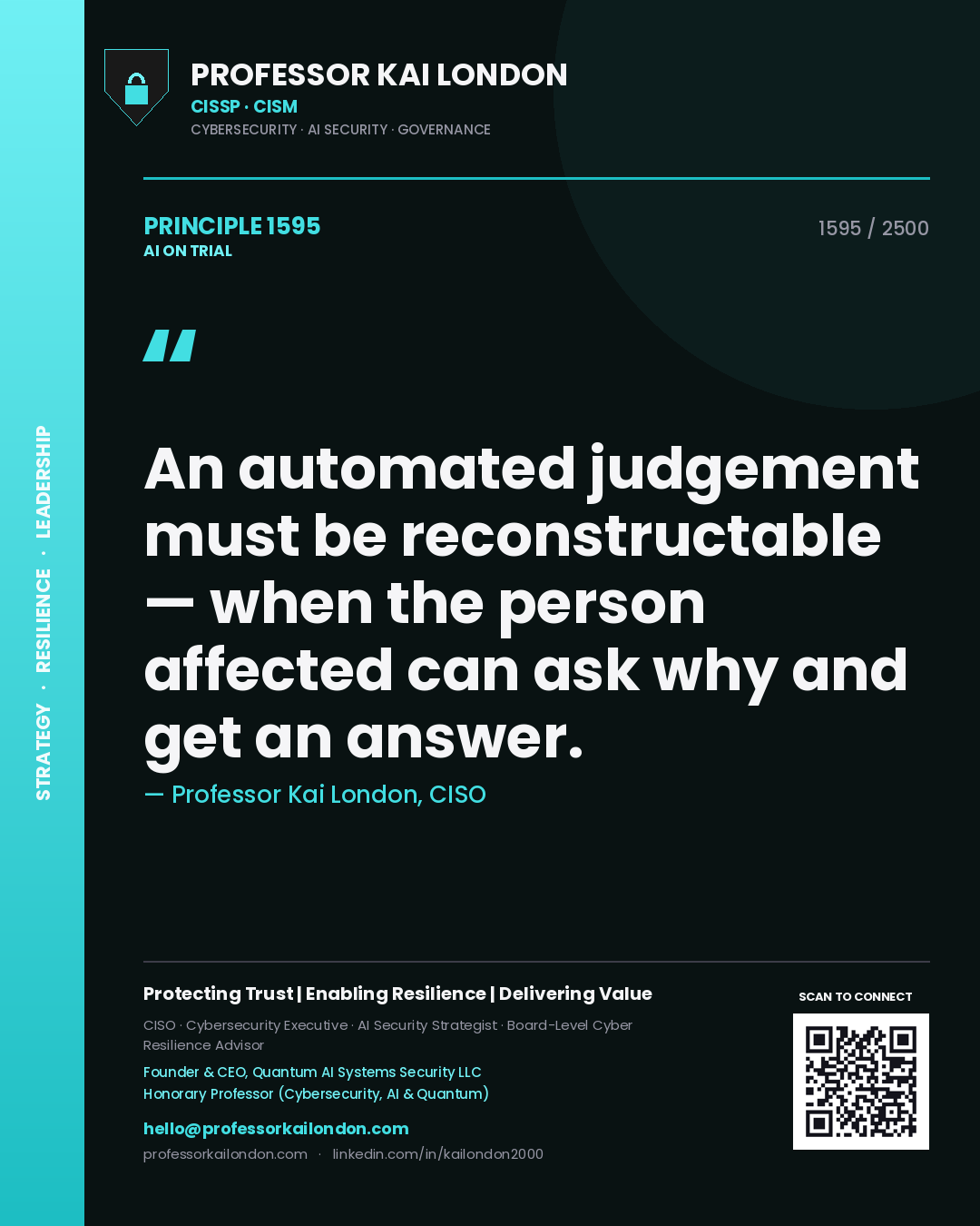 Quote card by Professor Kai London reading 'An automated judgement must be reconstructable — when the person affected can ask why and get an answer.'. From the book AI on Trial.