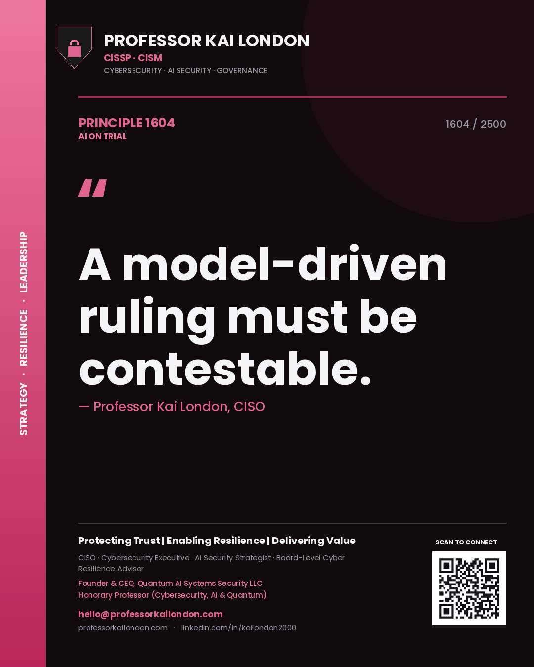 Quote card by Professor Kai London reading 'A model-driven ruling must be contestable.'. From the book AI on Trial.