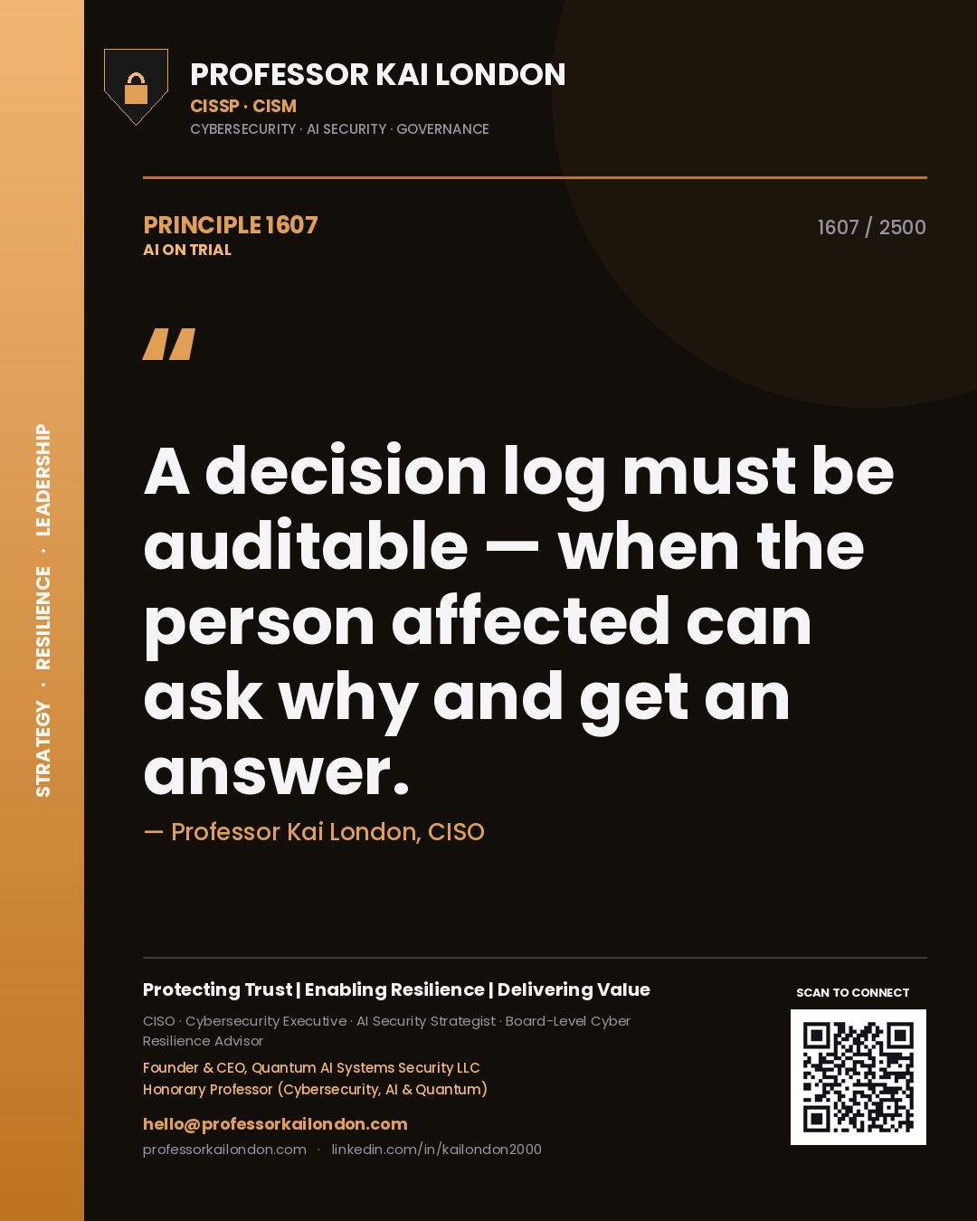 Quote card by Professor Kai London reading 'A decision log must be auditable — when the person affected can ask why and get an answer.'. From the book AI on Trial.