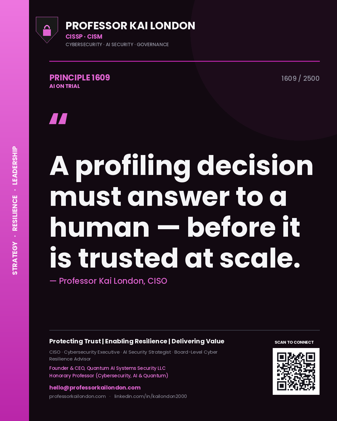 Quote card by Professor Kai London reading 'A profiling decision must answer to a human — before it is trusted at scale.'. From the book AI on Trial.