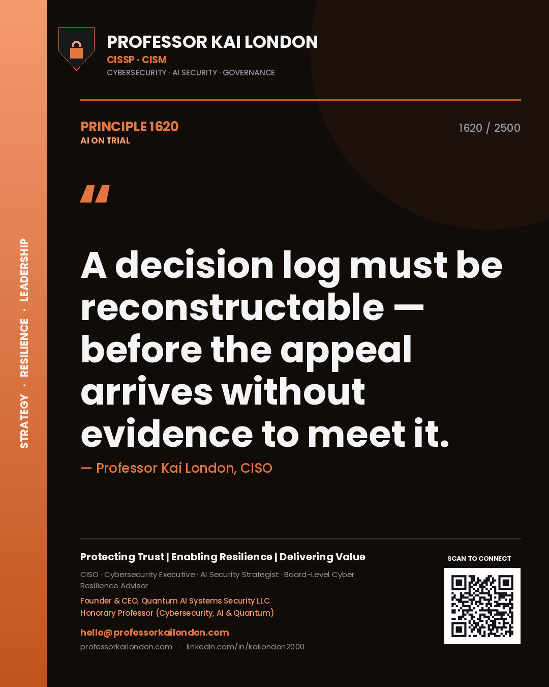 Quote card by Professor Kai London reading 'A decision log must be reconstructable — before the appeal arrives without evidence to meet it.'. From the book AI on Trial.