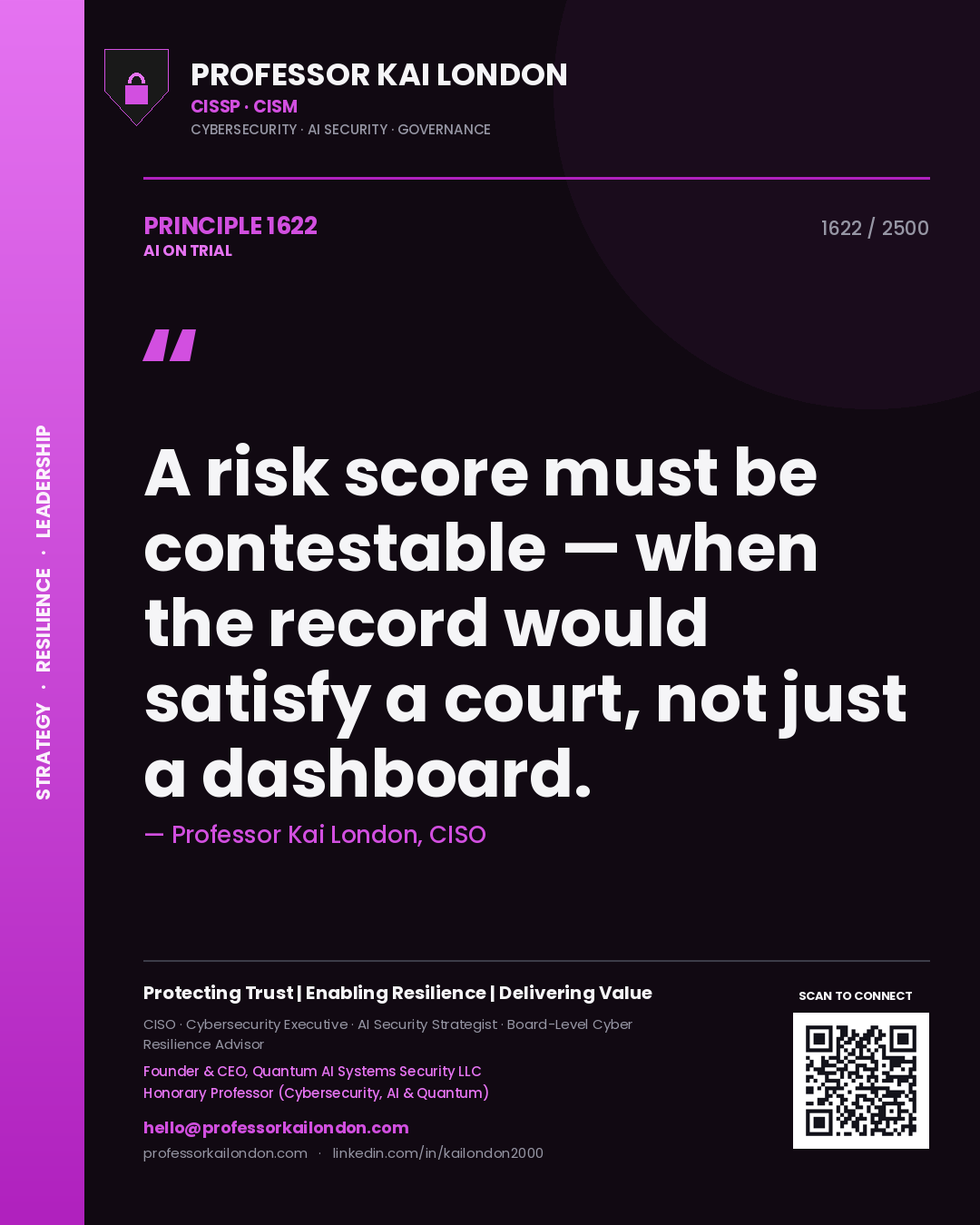 Quote card by Professor Kai London reading 'A risk score must be contestable — when the record would satisfy a court, not just a dashboard.'. From the book AI on Trial.