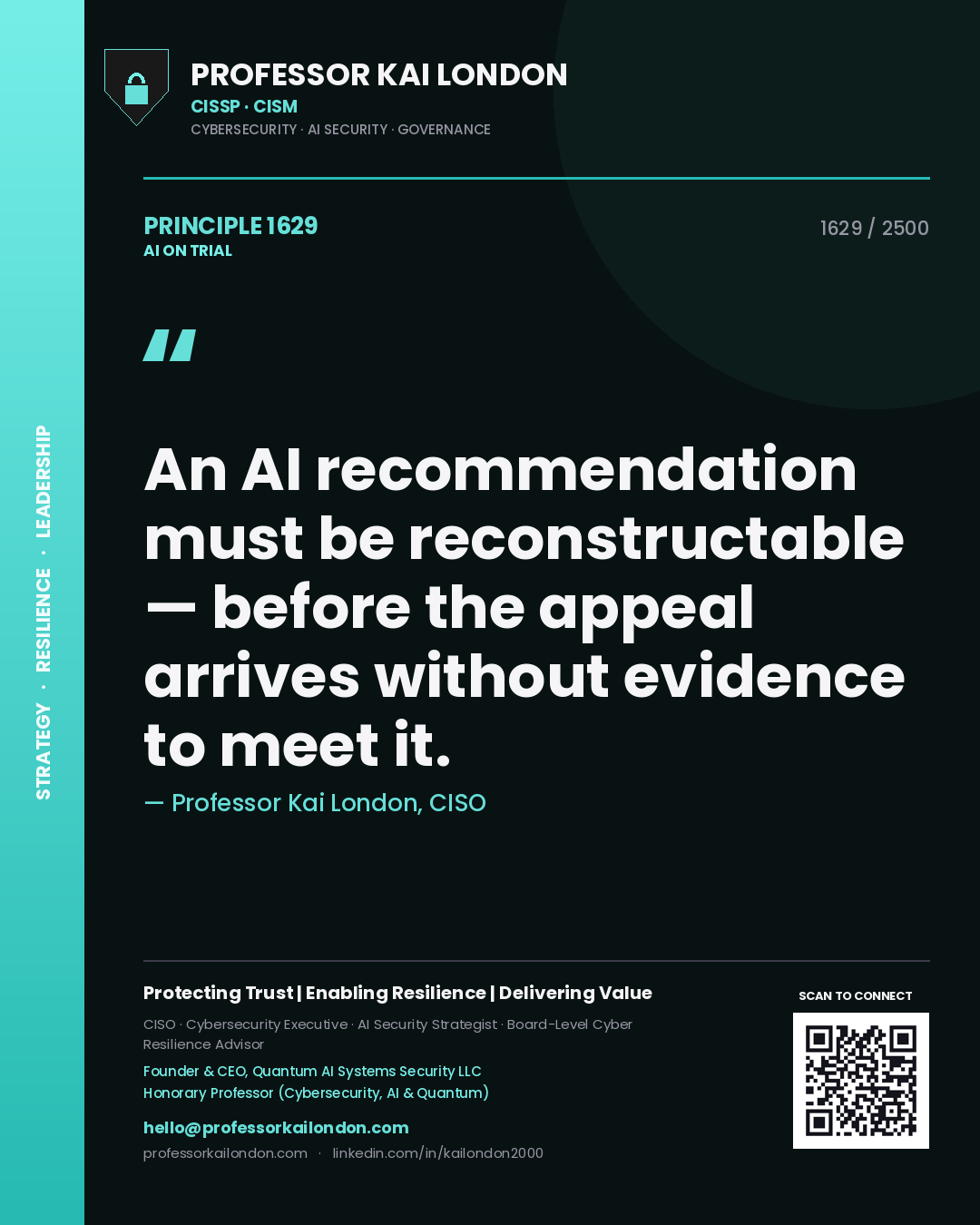 Quote card by Professor Kai London reading 'An AI recommendation must be reconstructable — before the appeal arrives without evidence to meet it.'. From the book AI on Trial.