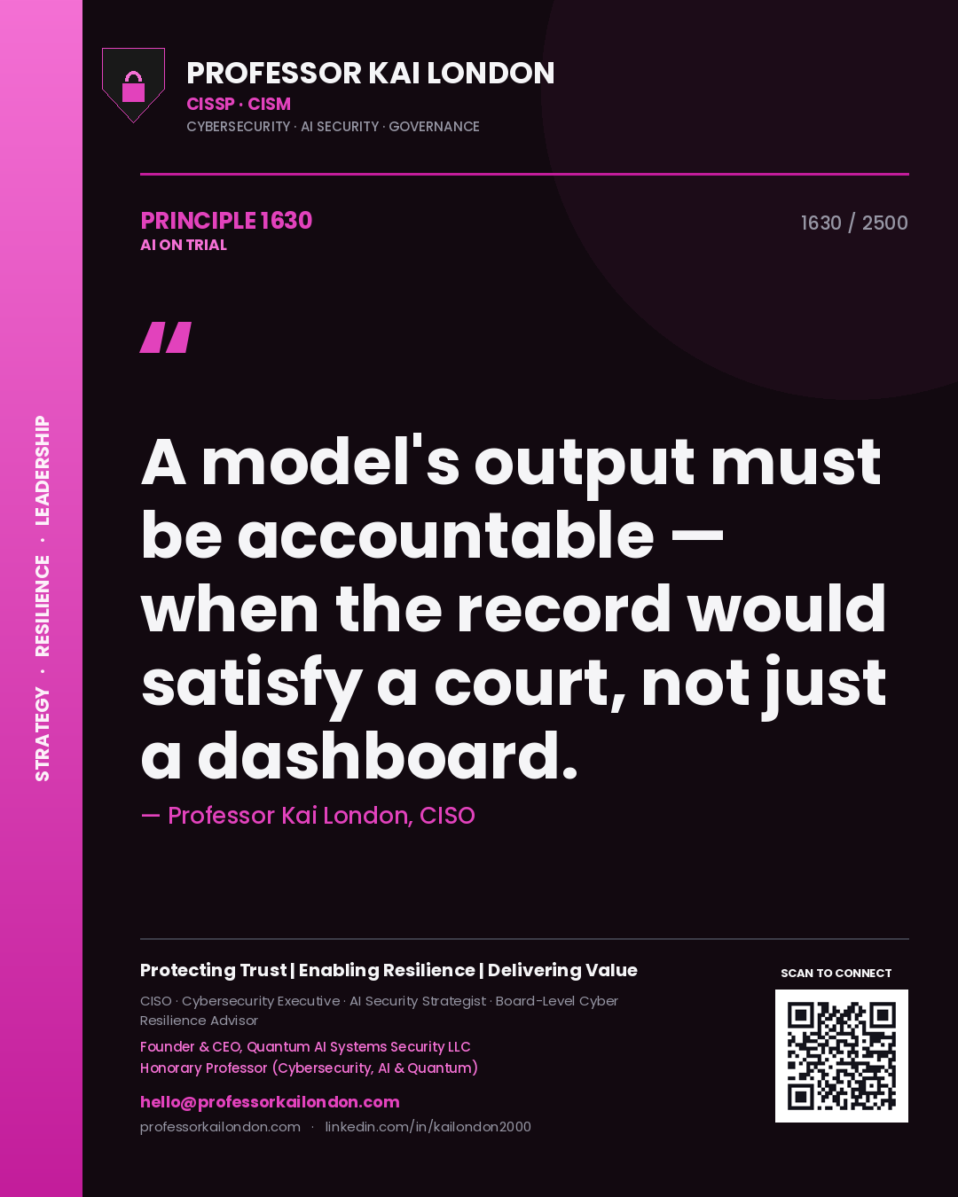 Quote card by Professor Kai London reading 'A model's output must be accountable — when the record would satisfy a court, not just a dashboard.'. From the book AI on Trial.