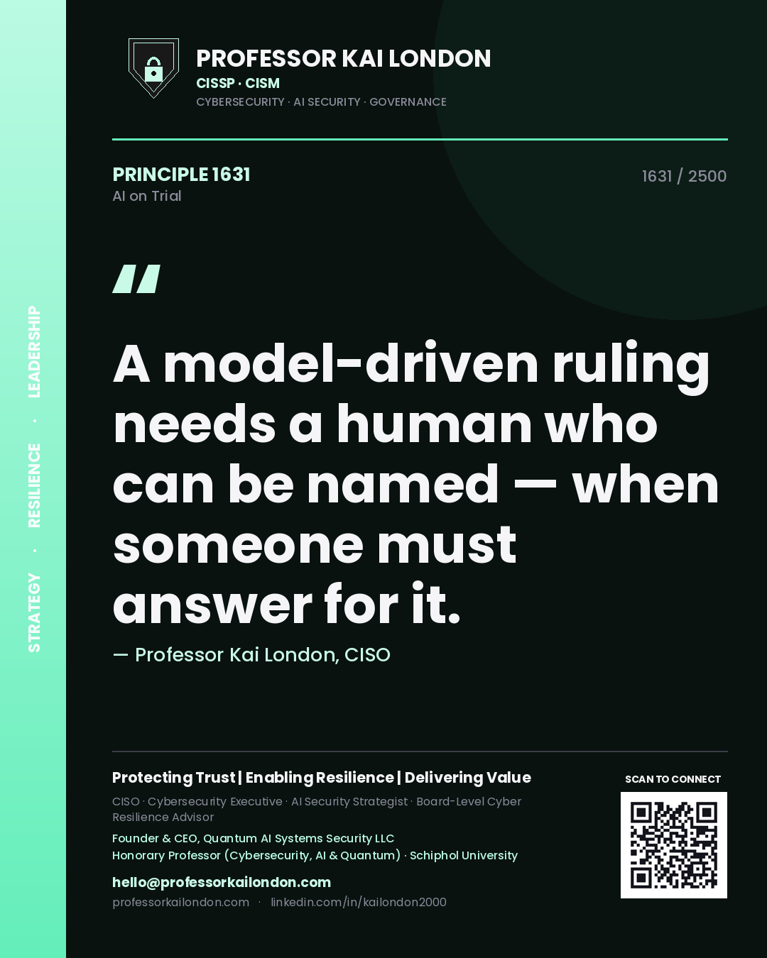 Quote card by Professor Kai London reading 'A model-driven ruling needs a human who can be named — when someone must answer for it.'. From the book AI on Trial.