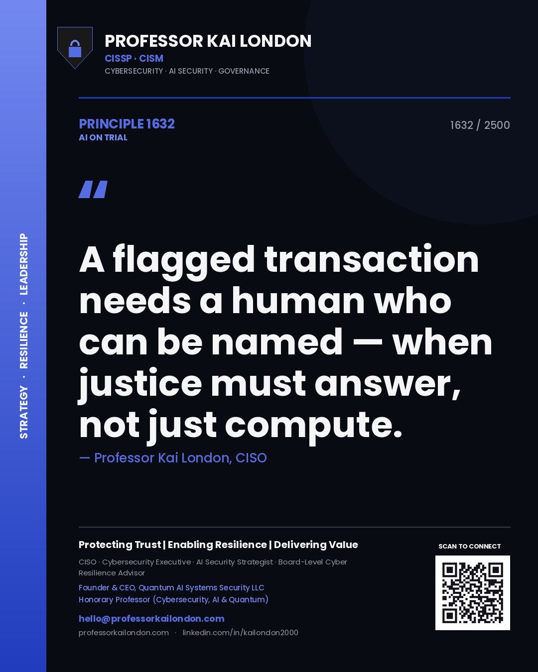 Quote card by Professor Kai London reading 'A flagged transaction needs a human who can be named — when justice must answer, not just compute.'. From the book AI on Trial.