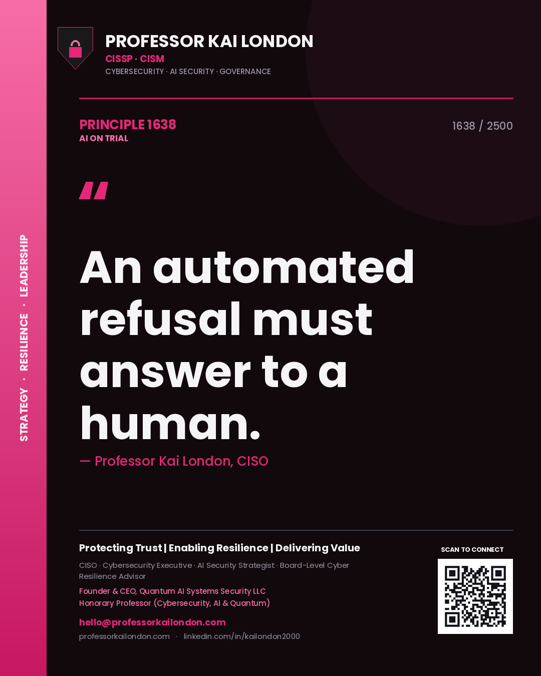 Quote card by Professor Kai London reading 'An automated refusal must answer to a human.'. From the book AI on Trial.