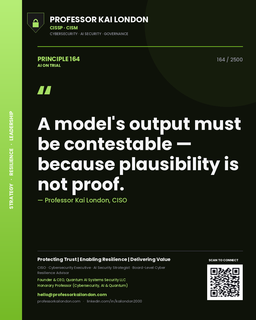 Professor Kai London principle 164: A model's output must be contestable — because plausibility is not proof.