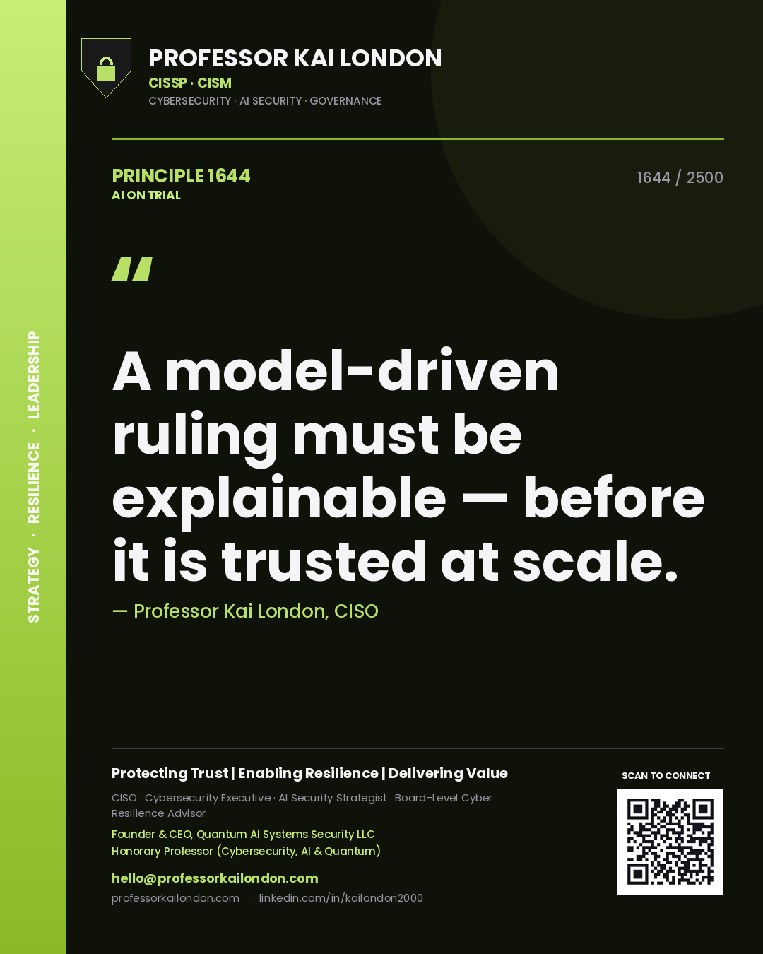 Quote card by Professor Kai London reading 'A model-driven ruling must be explainable — before it is trusted at scale.'. From the book AI on Trial.