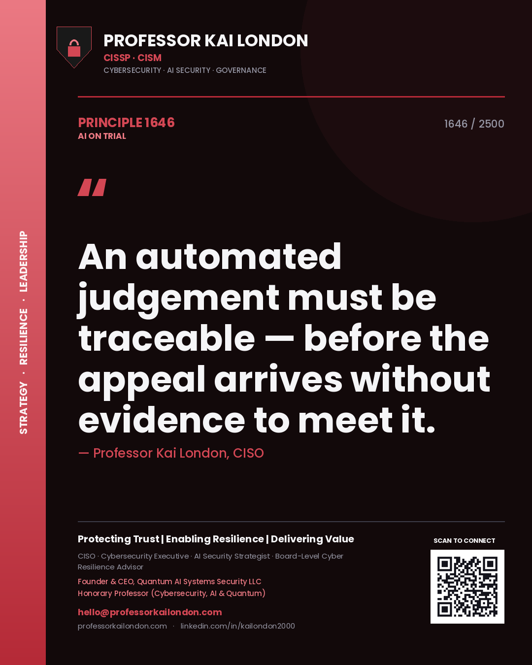 Quote card by Professor Kai London reading 'An automated judgement must be traceable — before the appeal arrives without evidence to meet it.'. From the book AI on Trial.