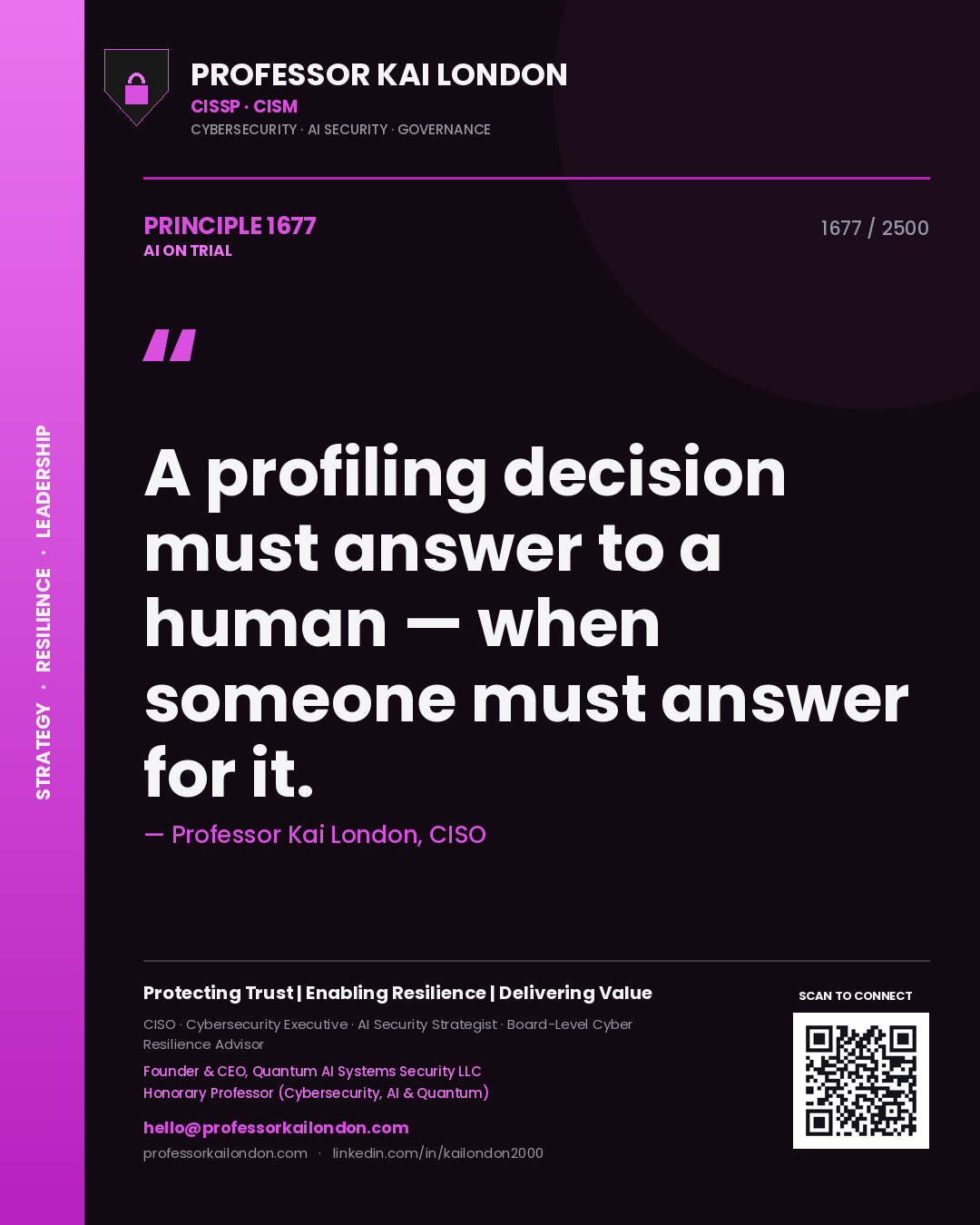 Quote card by Professor Kai London reading 'A profiling decision must answer to a human — when someone must answer for it.'. From the book AI on Trial.